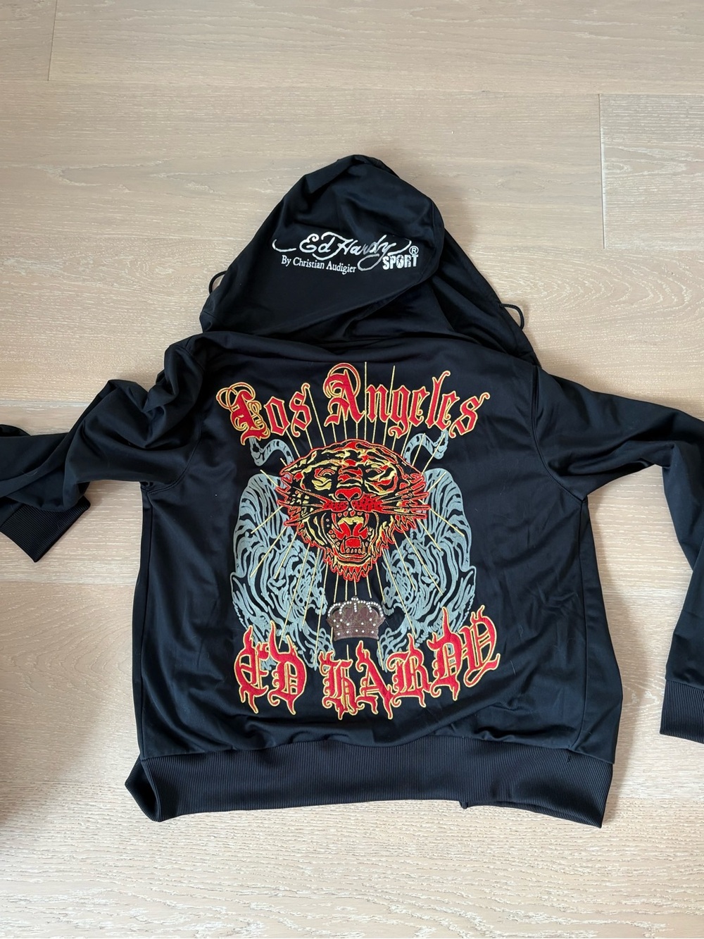 Ed Hardy Black Zip-Up Hoodie with Red & Gold Tiger Graphic